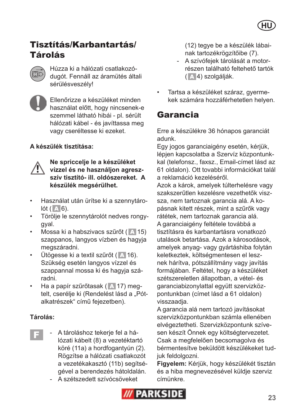 Tisztítás/karbantartás/ tárolás, Garancia | Parkside PNTS 1300 B2 User Manual | Page 23 / 62