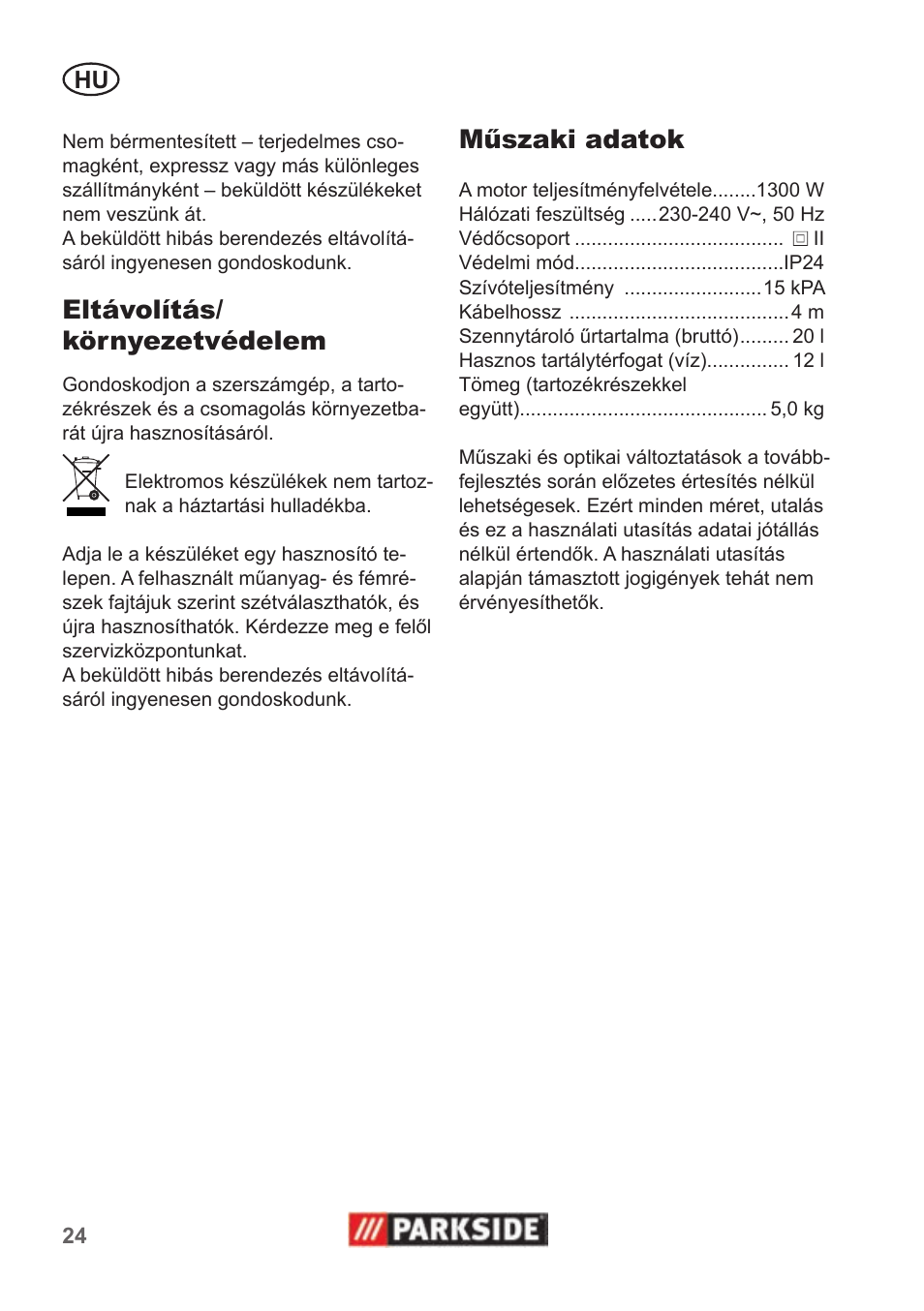 Eltávolítás/ környezetvédelem, Műszaki adatok | Parkside PNTS 1300 B2 User Manual | Page 24 / 62