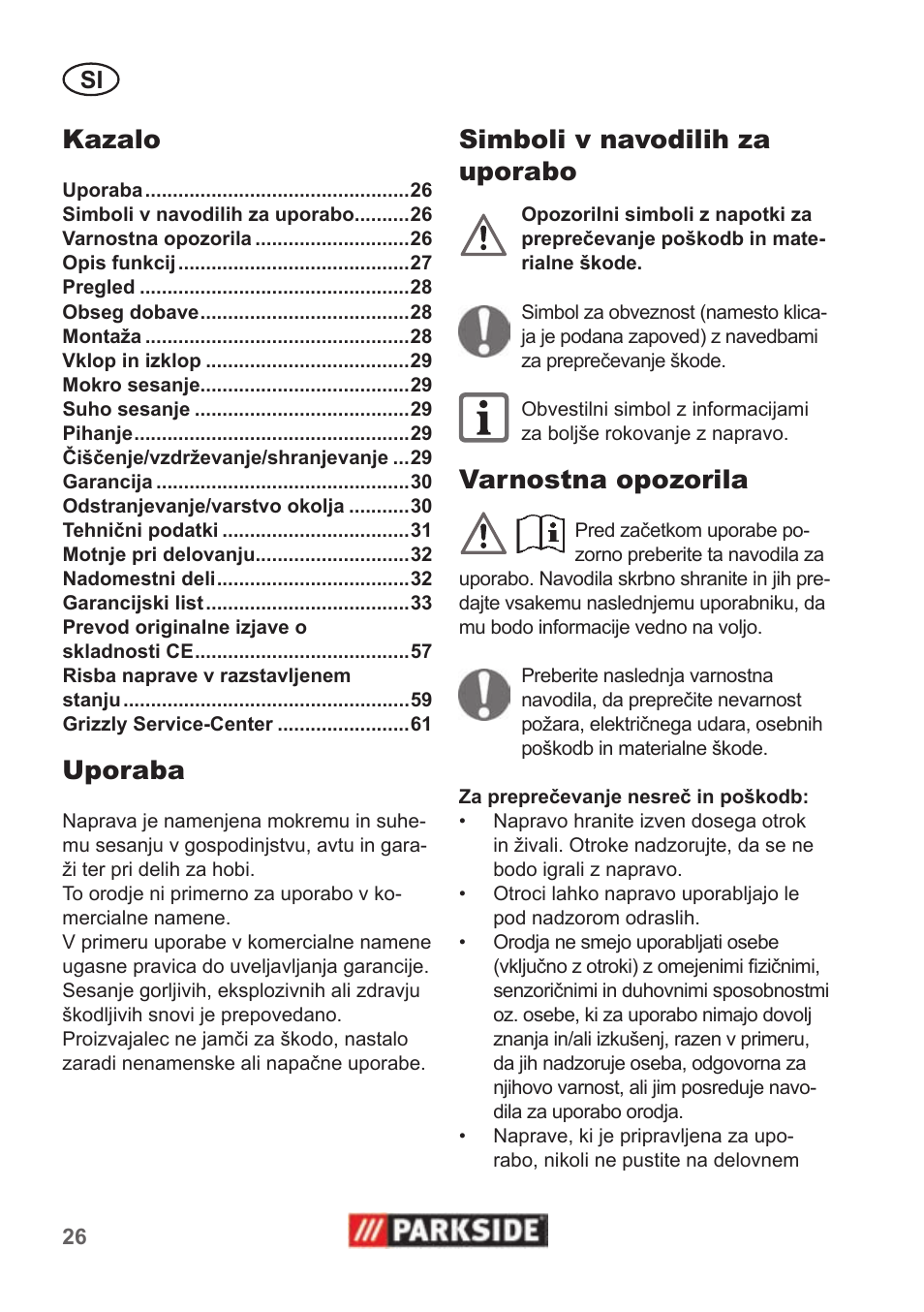 Kazalo, Uporaba, Simboli v navodilih za uporabo | Varnostna opozorila | Parkside PNTS 1300 B2 User Manual | Page 26 / 62