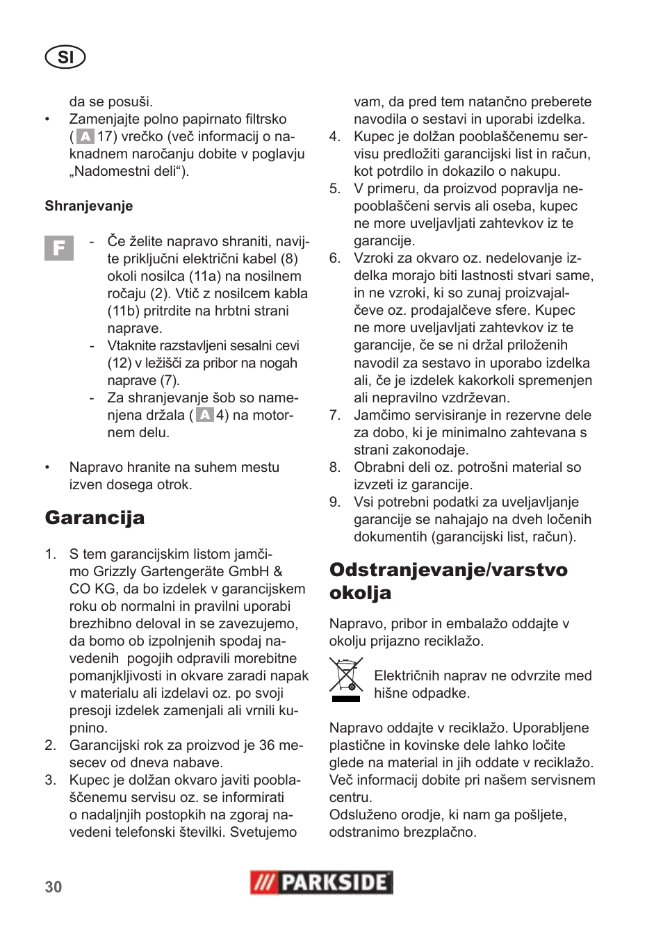 Garancija, Odstranjevanje/varstvo okolja | Parkside PNTS 1300 B2 User Manual | Page 30 / 62