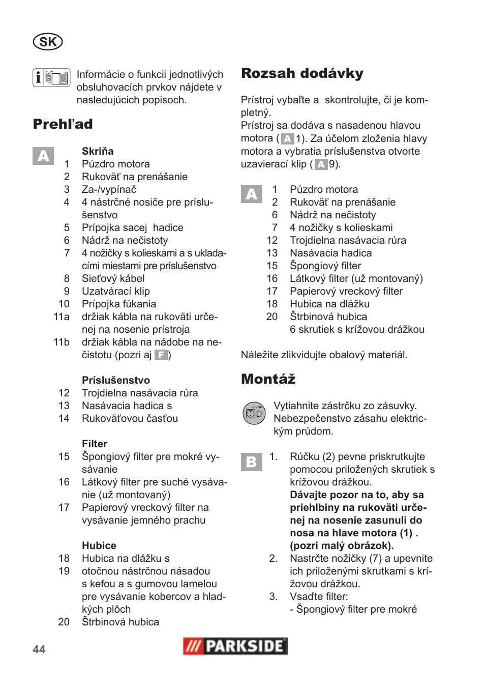 Prehľad, Rozsah dodávky, Montáž | Parkside PNTS 1300 B2 User Manual | Page 44 / 62