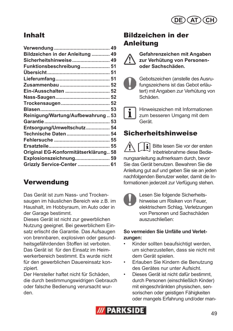 Inhalt, Verwendung, Bildzeichen in der anleitung | Sicherheitshinweise, De at ch | Parkside PNTS 1300 B2 User Manual | Page 49 / 62