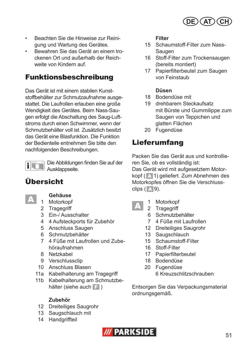 Funktionsbeschreibung, Übersicht, Lieferumfang | De at ch | Parkside PNTS 1300 B2 User Manual | Page 51 / 62