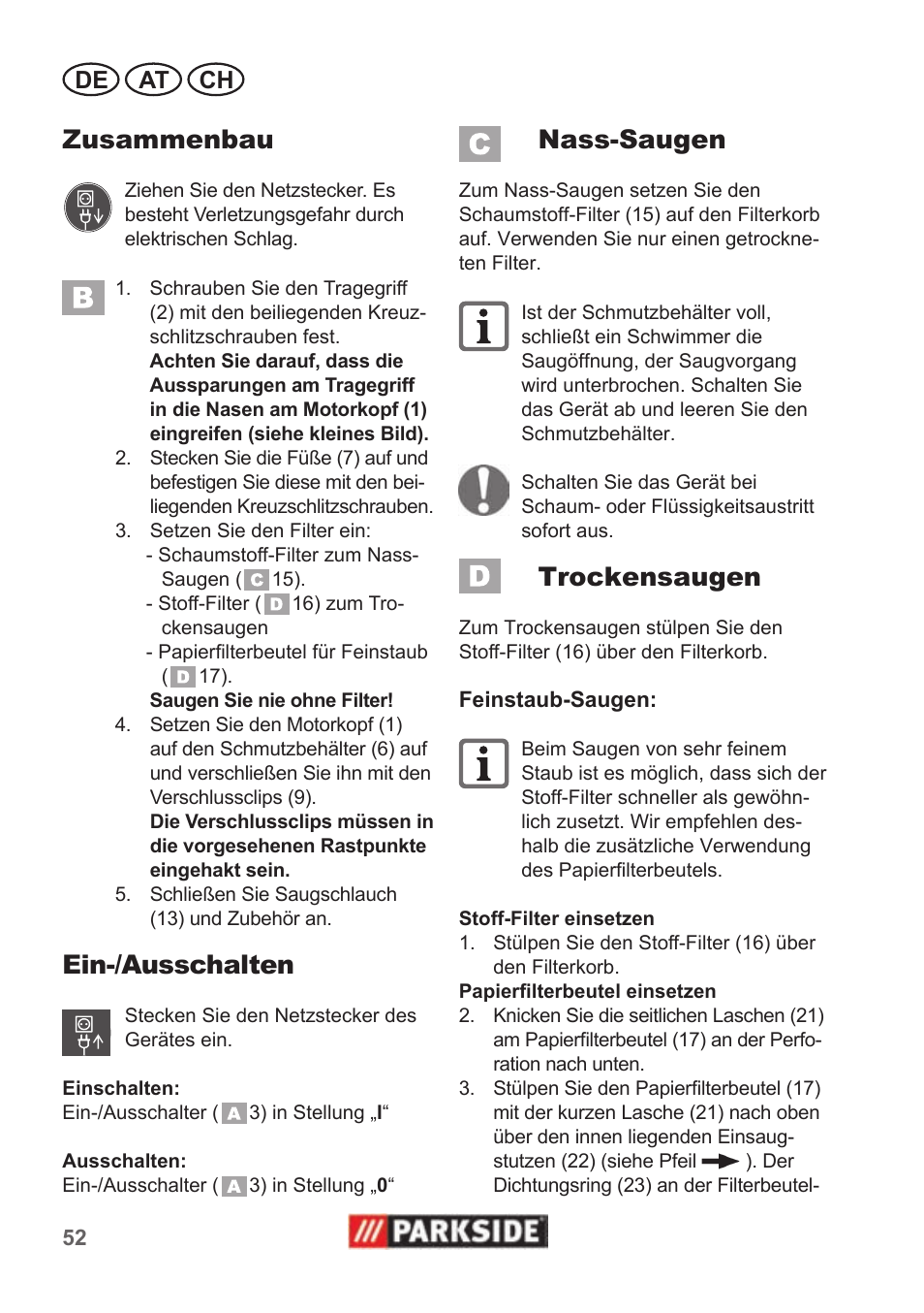 Zusammenbau, Ein-/ausschalten, Nass-saugen | Trockensaugen, De at ch | Parkside PNTS 1300 B2 User Manual | Page 52 / 62