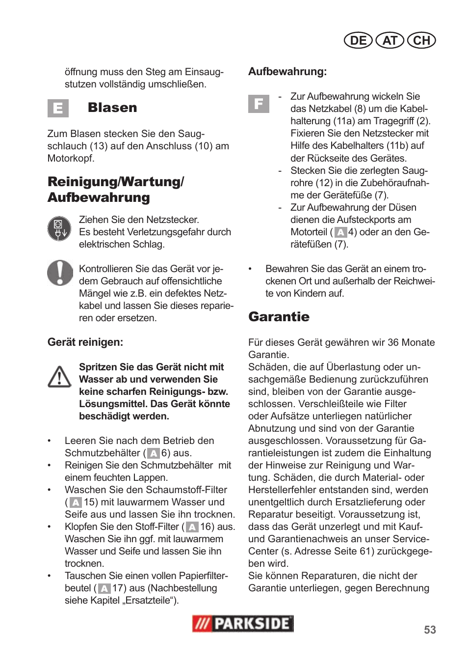 Blasen, Reinigung/wartung/ aufbewahrung, Garantie | De at ch | Parkside PNTS 1300 B2 User Manual | Page 53 / 62