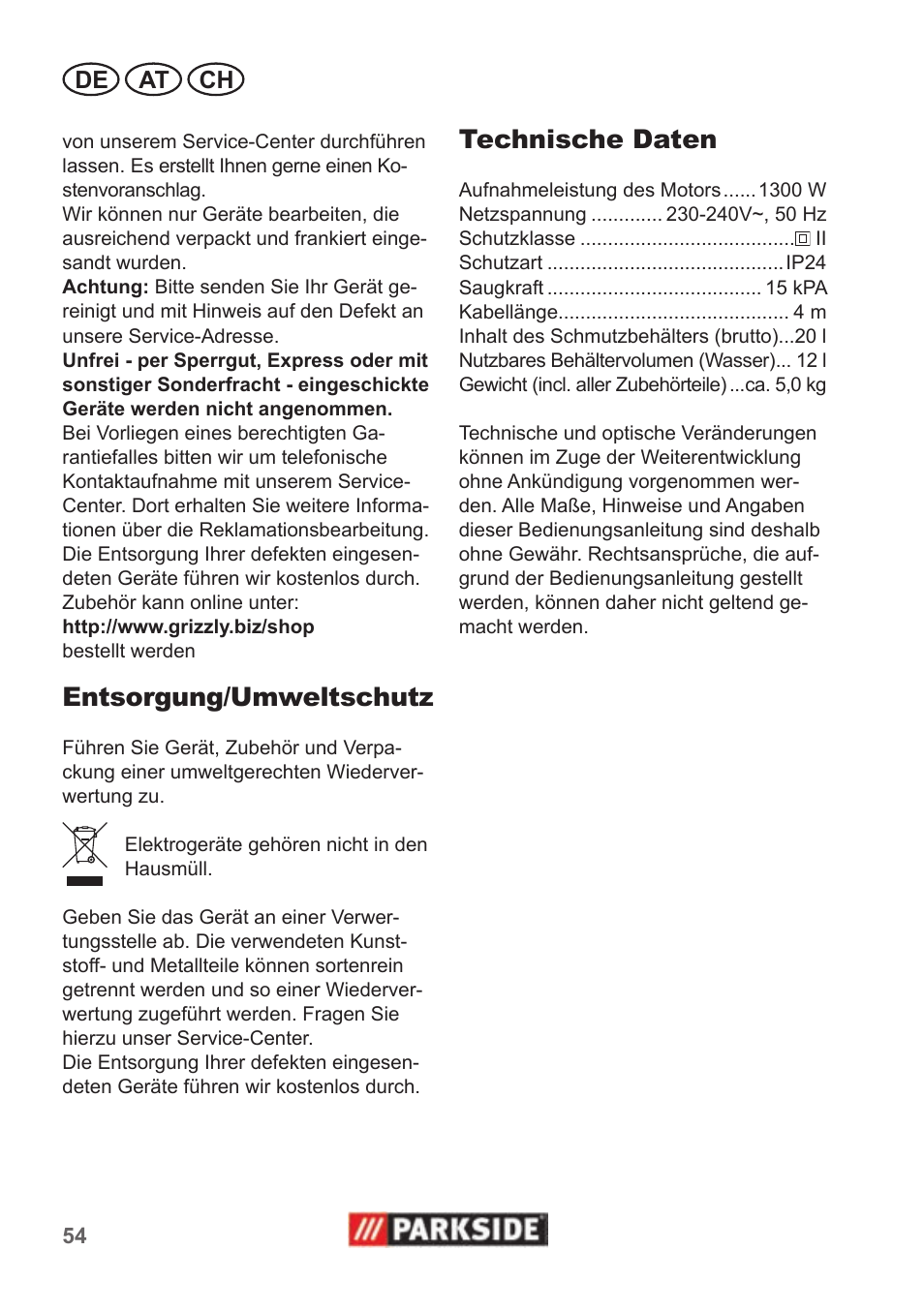 Entsorgung/umweltschutz, Technische daten, De at ch | Parkside PNTS 1300 B2 User Manual | Page 54 / 62