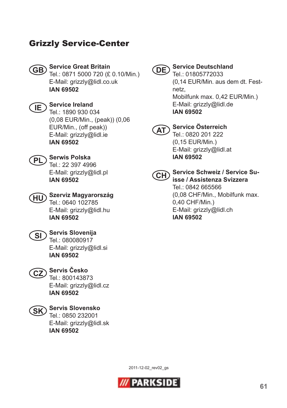 Grizzly service-center | Parkside PNTS 1300 B2 User Manual | Page 61 / 62