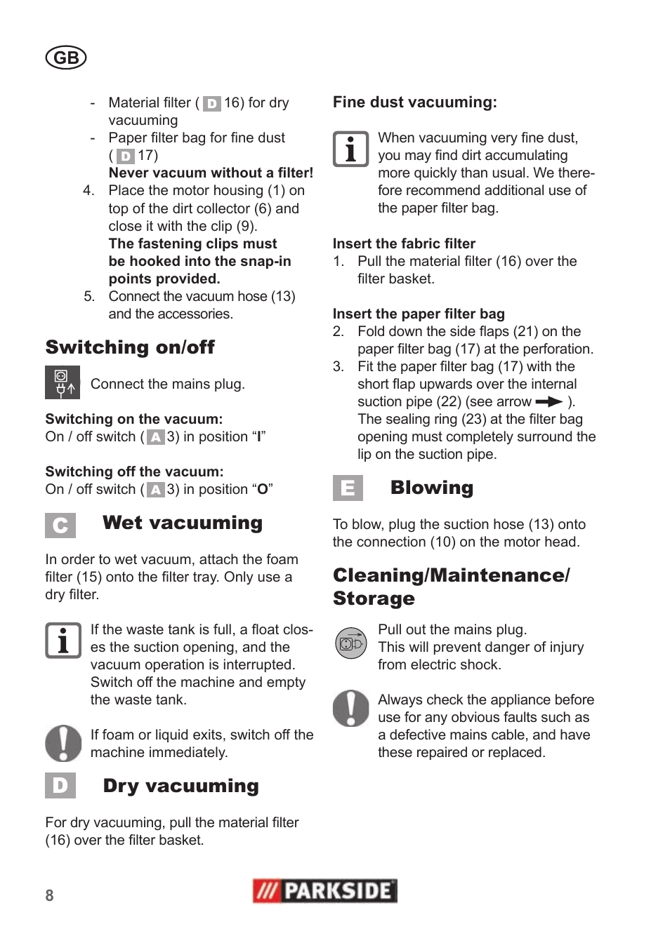 Switching on/off, Wet vacuuming, Dry vacuuming | Blowing, Cleaning/maintenance/ storage | Parkside PNTS 1300 B2 User Manual | Page 8 / 62
