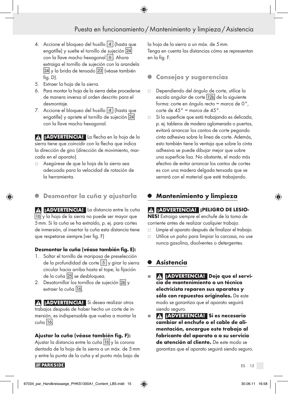 Desmontar la cuña y ajustarla, Consejos y sugerencias, Mantenimiento y limpieza | Asistencia | Parkside PHKS 1300 A1 User Manual | Page 17 / 75