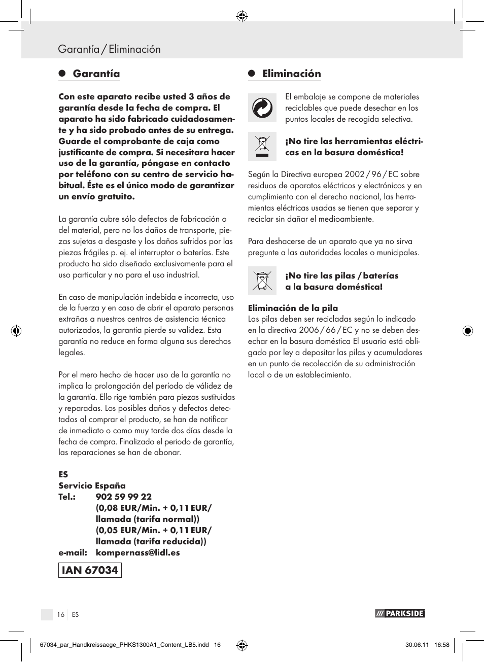 Garantía / eliminación, Garantía, Eliminación | Parkside PHKS 1300 A1 User Manual | Page 18 / 75
