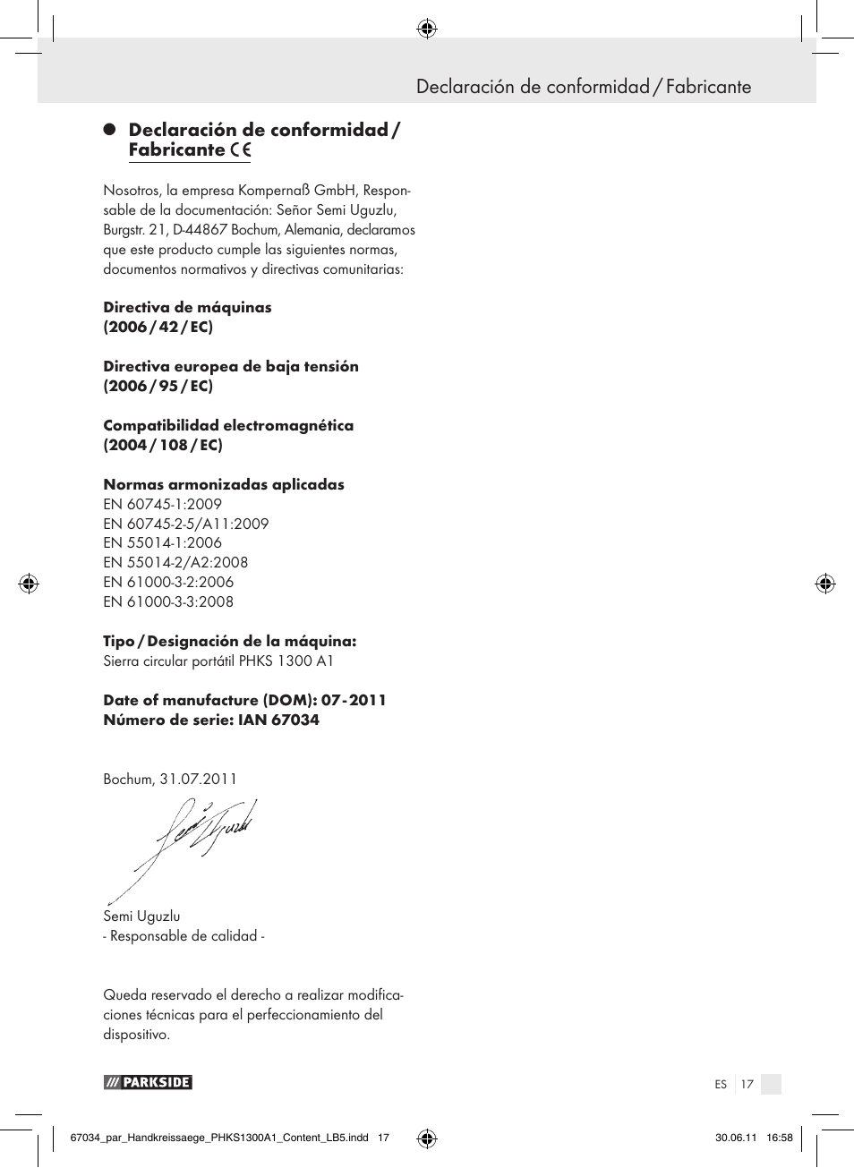 Declaración de conformidad / fabricante | Parkside PHKS 1300 A1 User Manual | Page 19 / 75