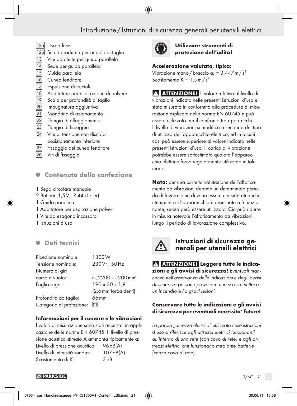 Contenuto della confezione, Dati tecnici | Parkside PHKS 1300 A1 User Manual | Page 23 / 75