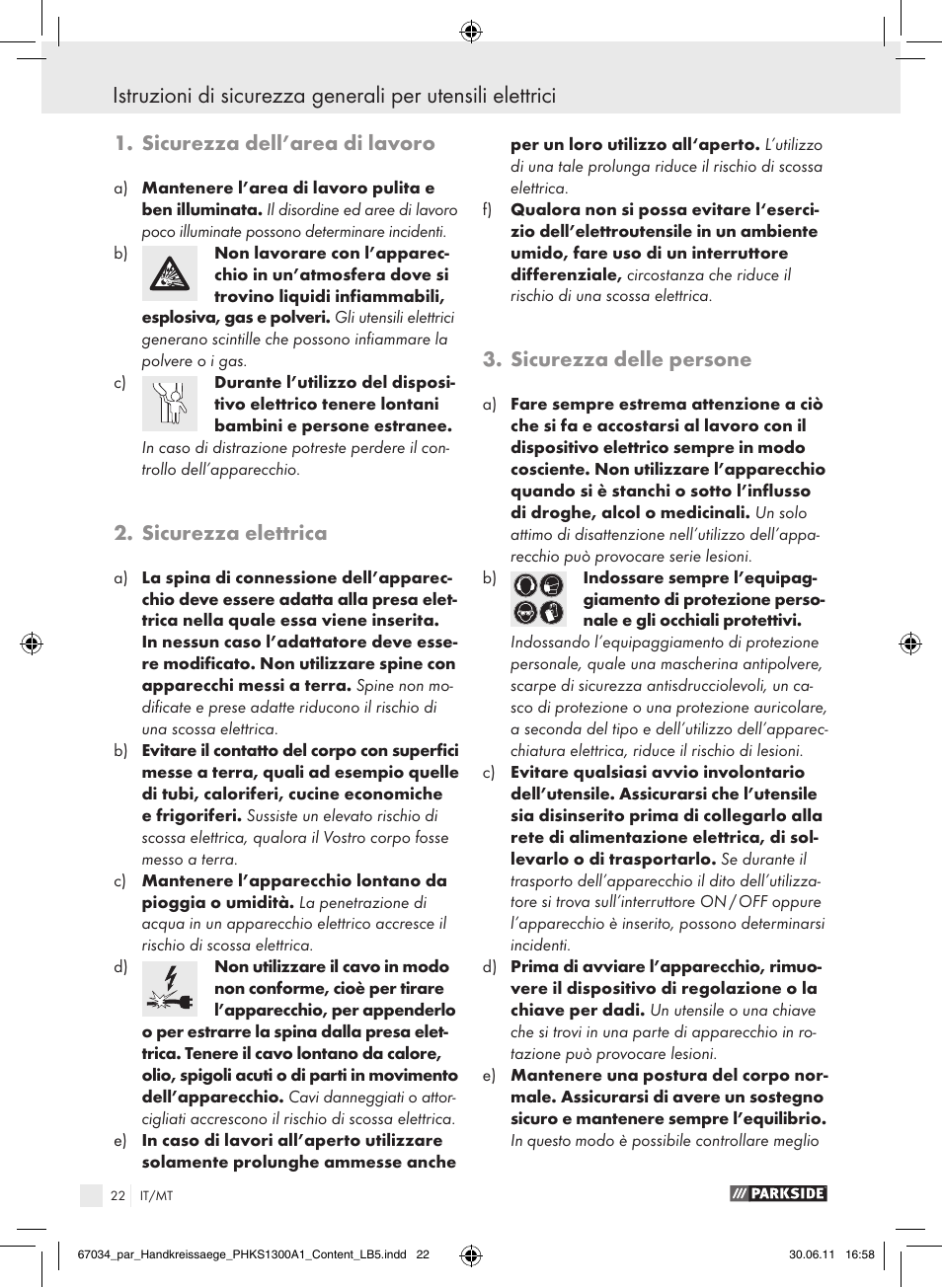 Sicurezza dell’area di lavoro, Sicurezza elettrica, Sicurezza delle persone | Parkside PHKS 1300 A1 User Manual | Page 24 / 75