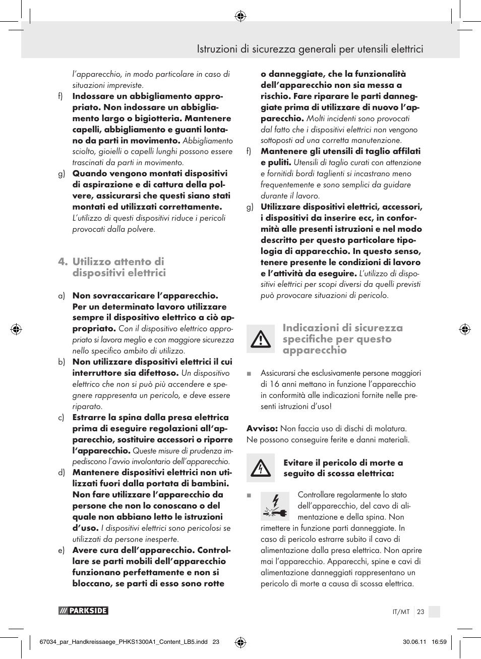 Utilizzo attento di dispositivi elettrici | Parkside PHKS 1300 A1 User Manual | Page 25 / 75
