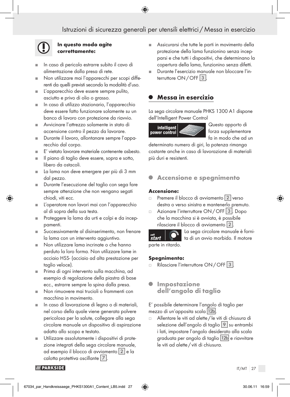 Messa in esercizio, Accensione e spegnimento, Impostazione dell’angolo di taglio | Parkside PHKS 1300 A1 User Manual | Page 29 / 75