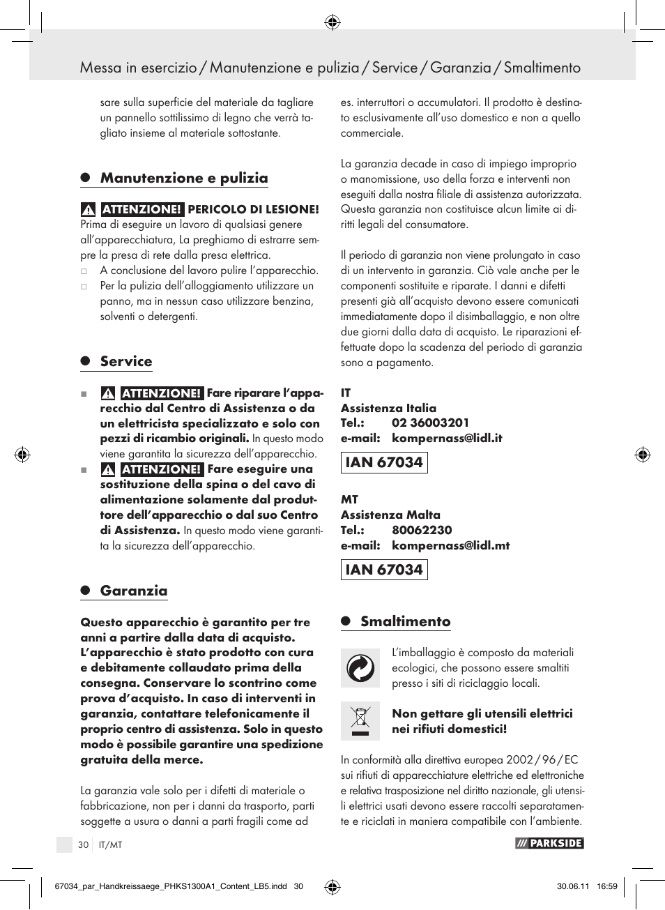 Manutenzione e pulizia, Service, Garanzia | Smaltimento | Parkside PHKS 1300 A1 User Manual | Page 32 / 75