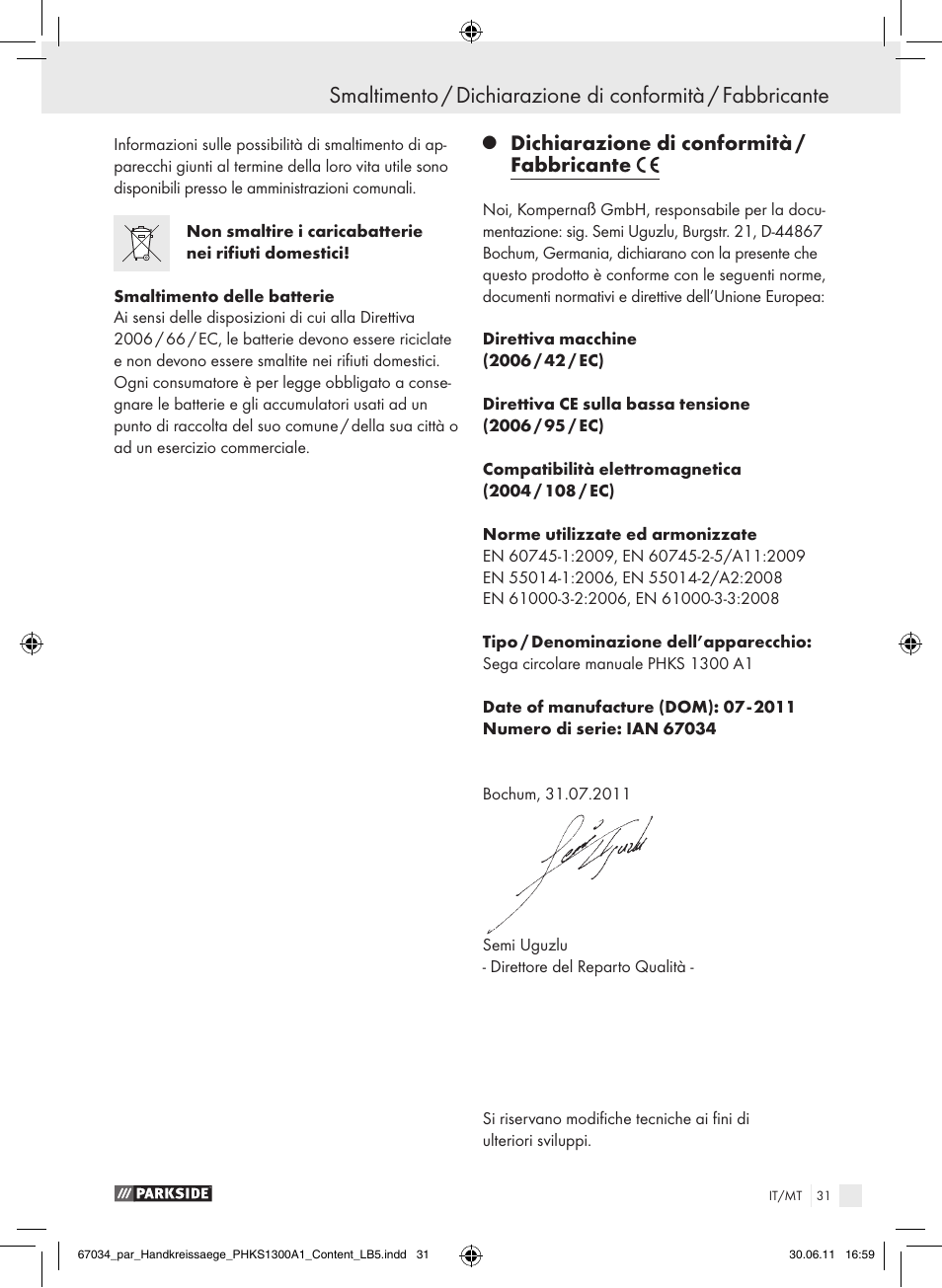 Dichiarazione di conformità / fabbricante | Parkside PHKS 1300 A1 User Manual | Page 33 / 75