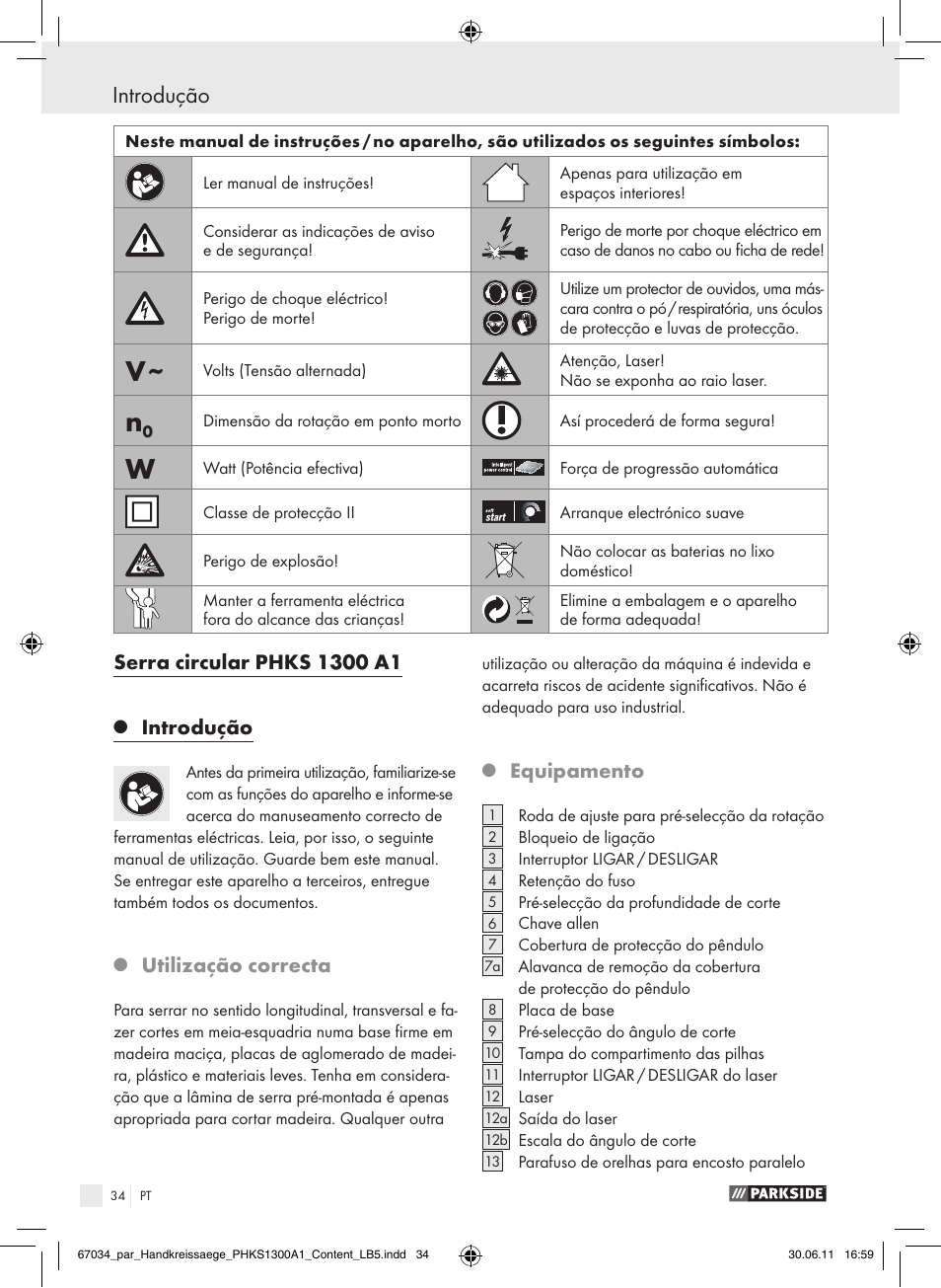 Introdução, Utilização correcta, Equipamento | Parkside PHKS 1300 A1 User Manual | Page 36 / 75