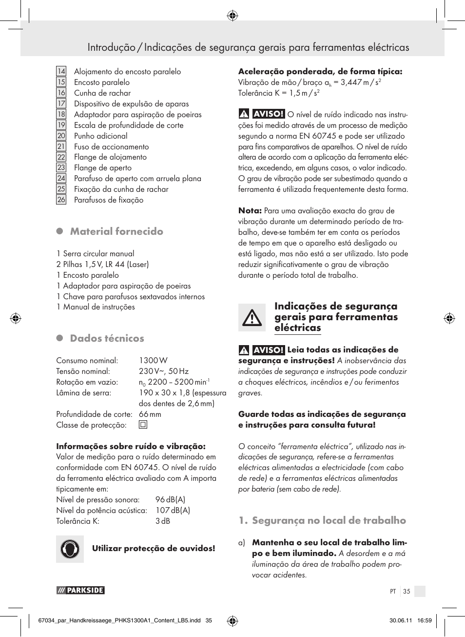 Material fornecido, Dados técnicos, Segurança no local de trabalho | Parkside PHKS 1300 A1 User Manual | Page 37 / 75