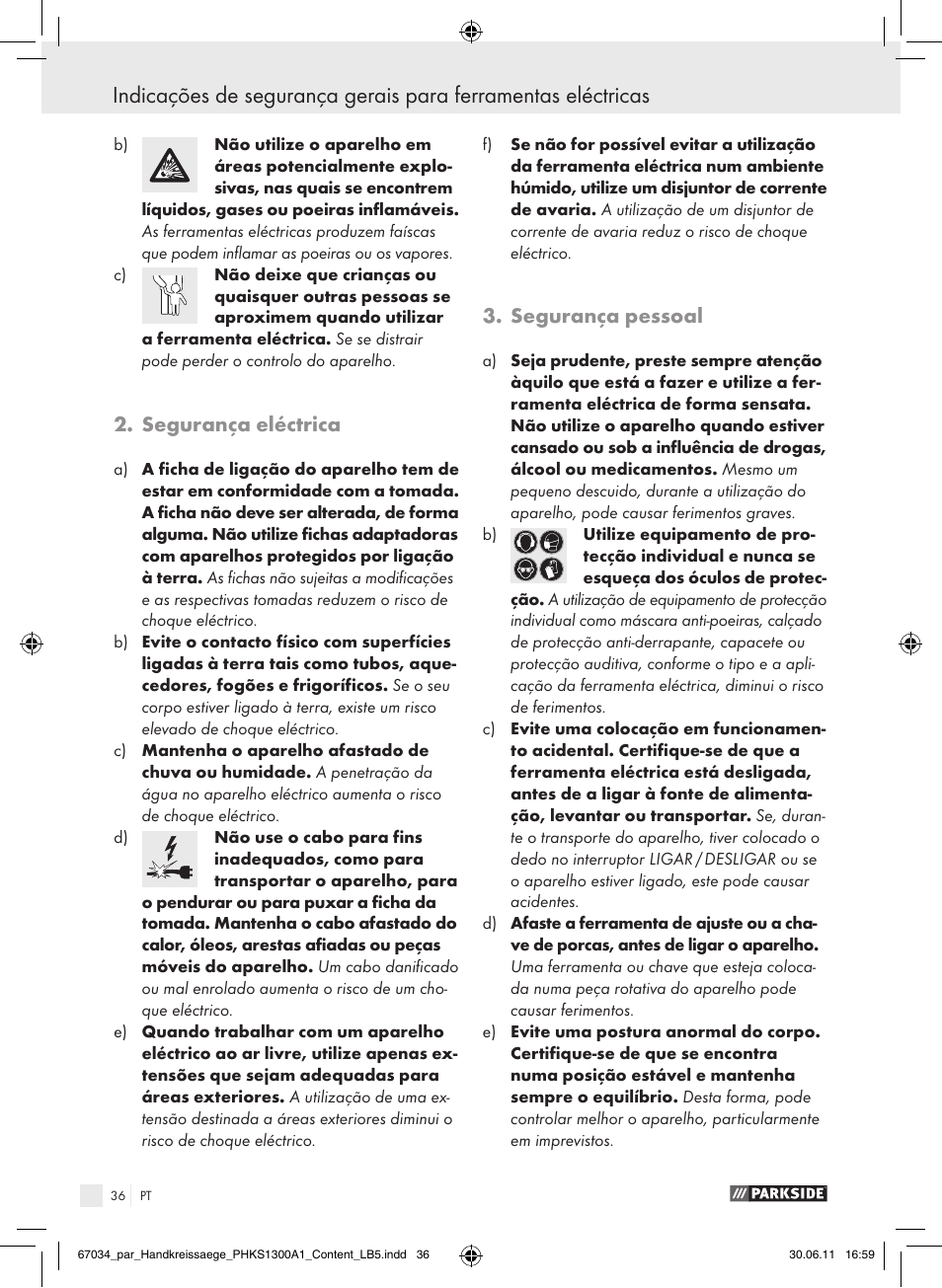 Segurança eléctrica, Segurança pessoal | Parkside PHKS 1300 A1 User Manual | Page 38 / 75