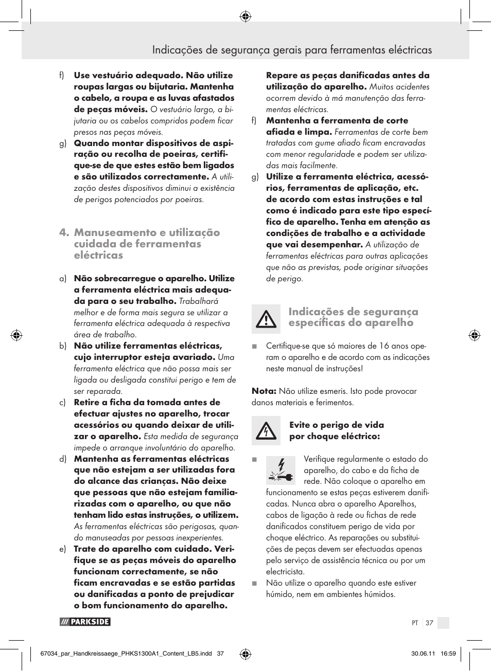 Indicações de segurança específicas do aparelho | Parkside PHKS 1300 A1 User Manual | Page 39 / 75