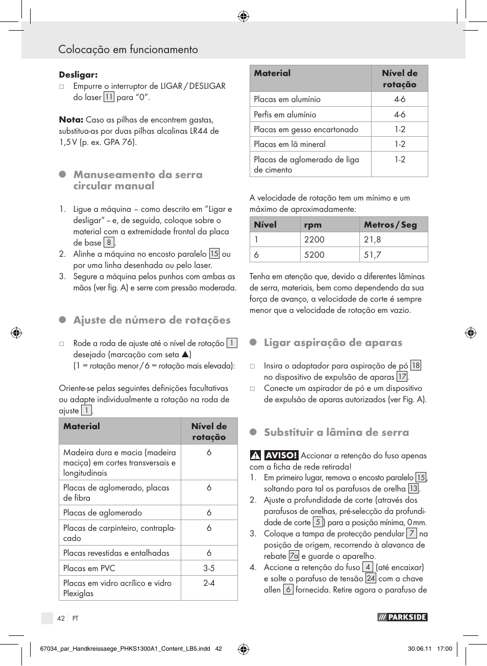 Colocação em funcionamento, Manuseamento da serra circular manual, Ajuste de número de rotações | Ligar aspiração de aparas, Substituir a lâmina de serra | Parkside PHKS 1300 A1 User Manual | Page 44 / 75