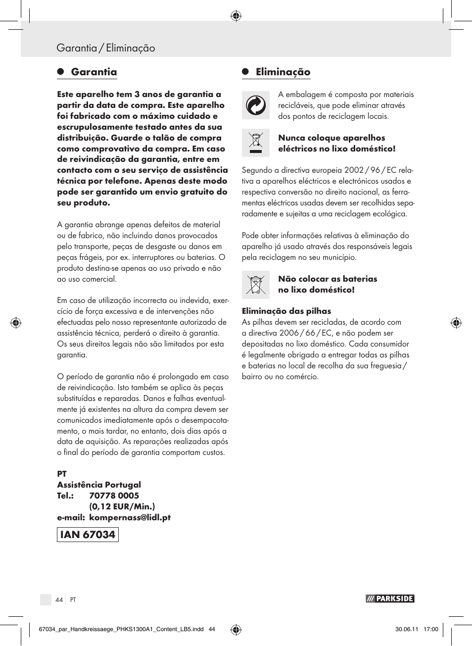 Garantia / eliminação, Garantia, Eliminação | Parkside PHKS 1300 A1 User Manual | Page 46 / 75