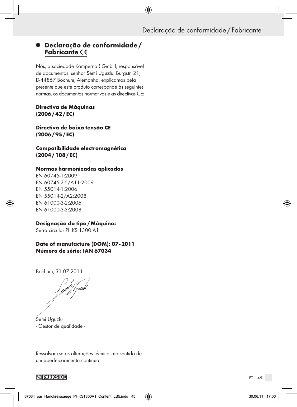 Declaração de conformidade / fabricante | Parkside PHKS 1300 A1 User Manual | Page 47 / 75