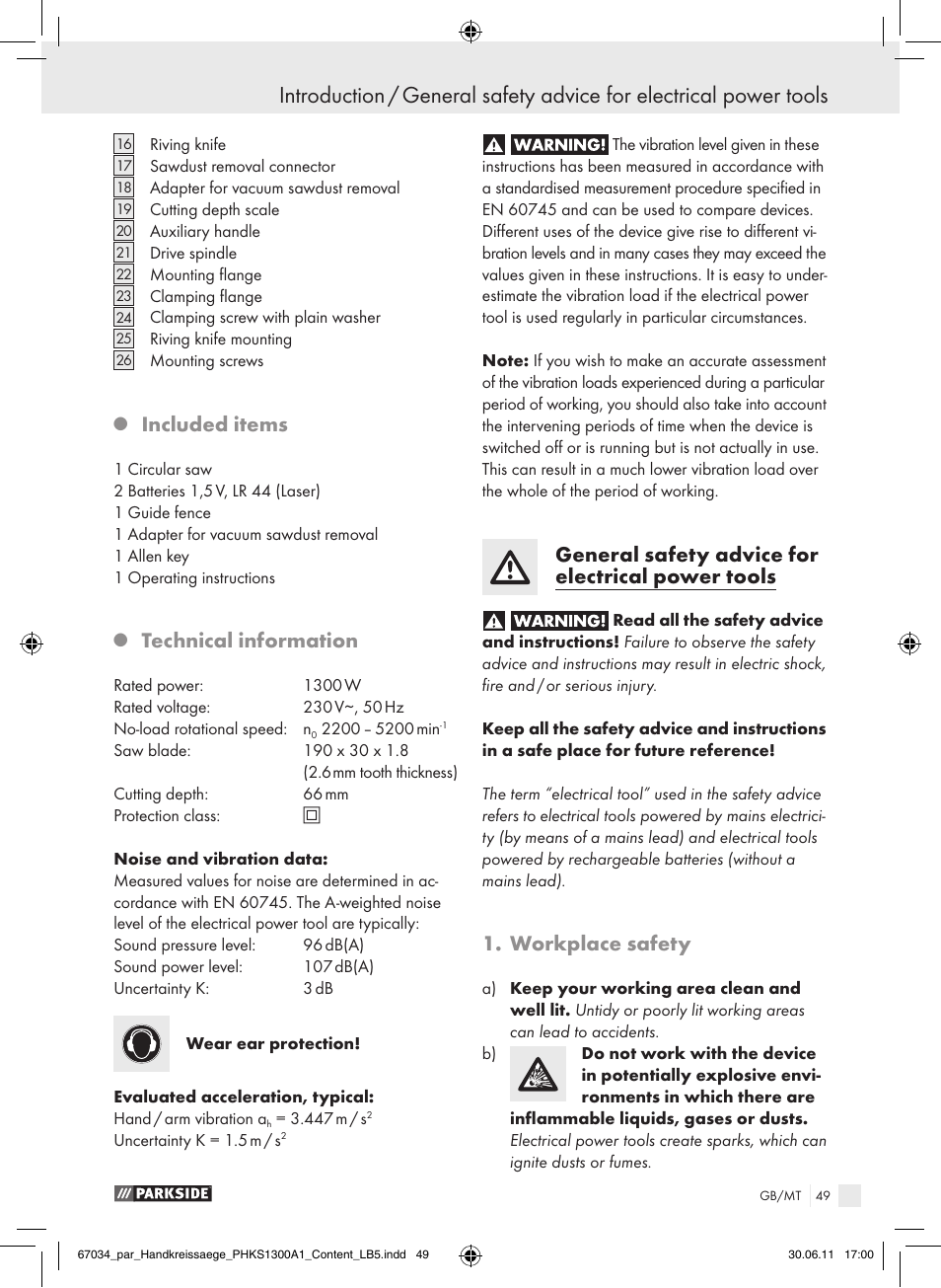 Included items, Technical information, General safety advice for electrical power tools | Workplace safety | Parkside PHKS 1300 A1 User Manual | Page 51 / 75