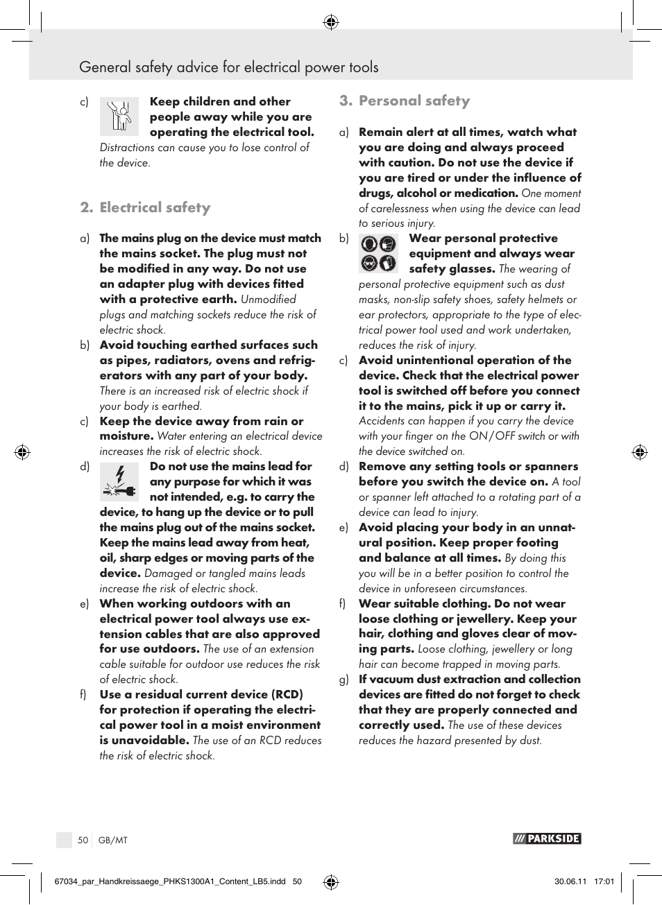 General safety advice for electrical power tools, Electrical safety, Personal safety | Parkside PHKS 1300 A1 User Manual | Page 52 / 75