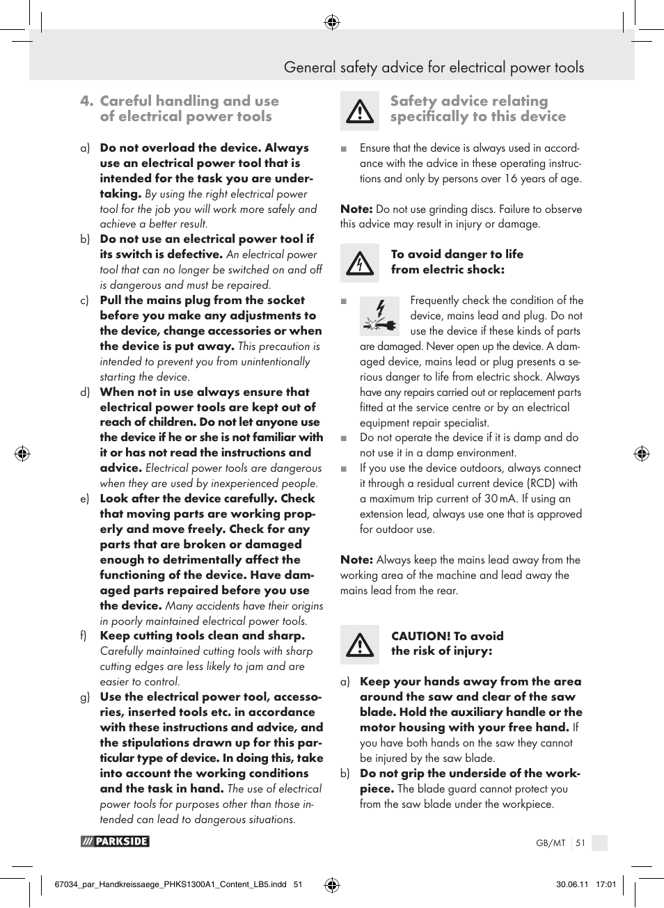 General safety advice for electrical power tools, Careful handling and use of electrical power tools, Safety advice relating specifically to this device | Parkside PHKS 1300 A1 User Manual | Page 53 / 75