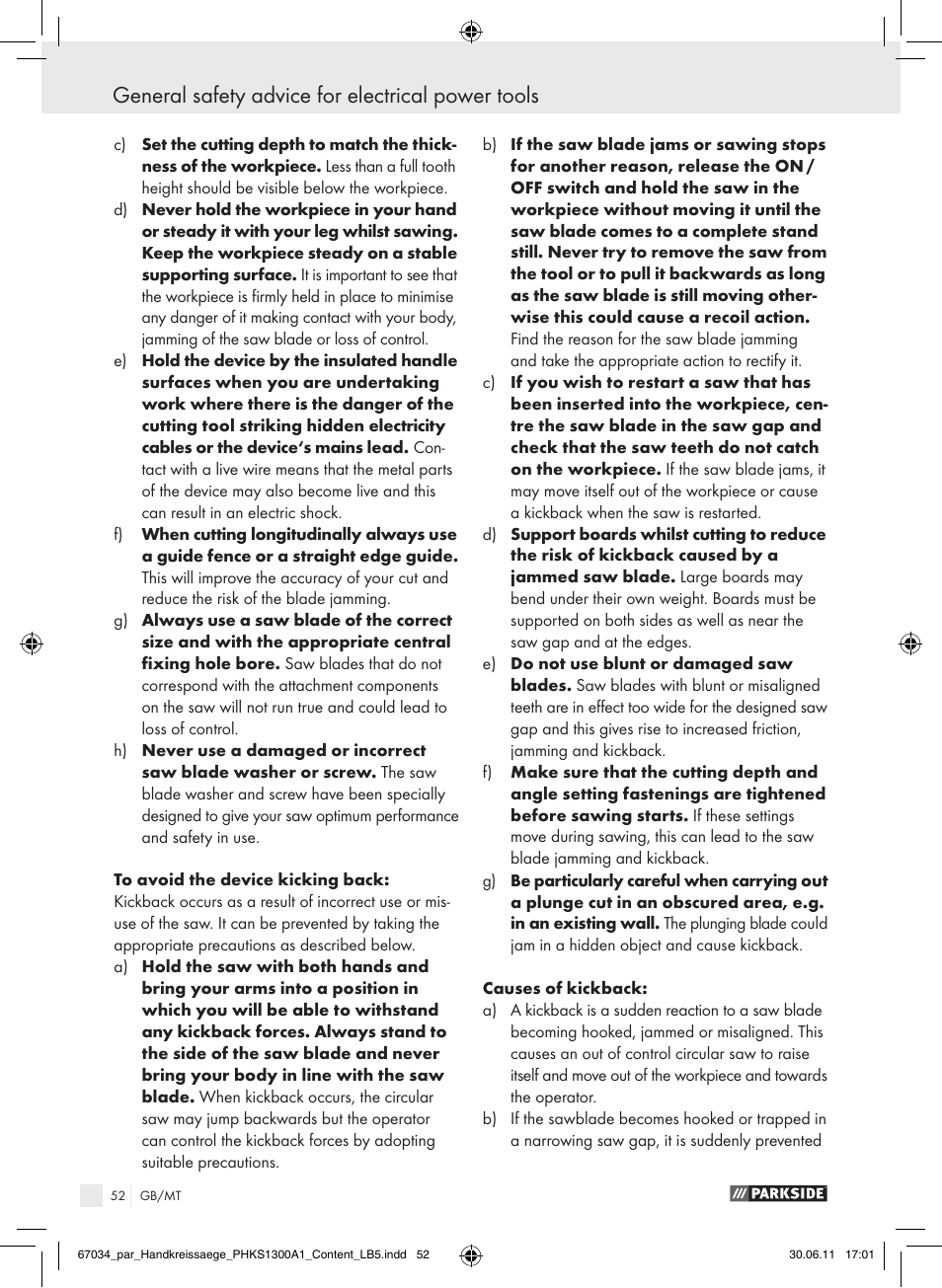 General safety advice for electrical power tools | Parkside PHKS 1300 A1 User Manual | Page 54 / 75