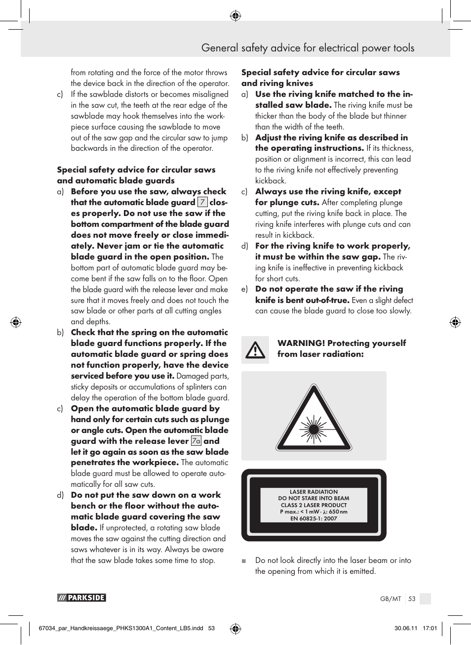 General safety advice for electrical power tools | Parkside PHKS 1300 A1 User Manual | Page 55 / 75