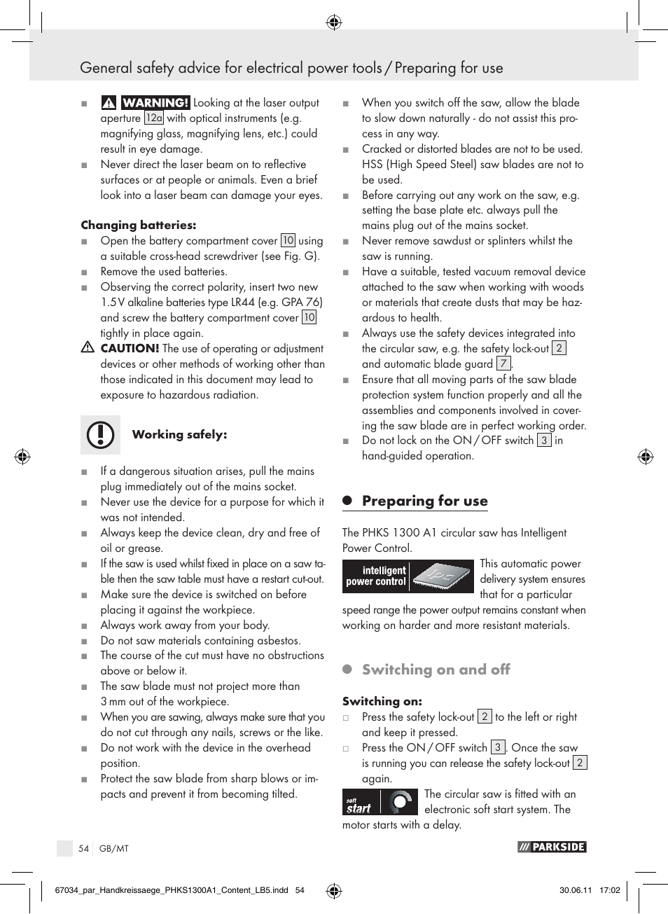 Preparing for use, Switching on and off | Parkside PHKS 1300 A1 User Manual | Page 56 / 75