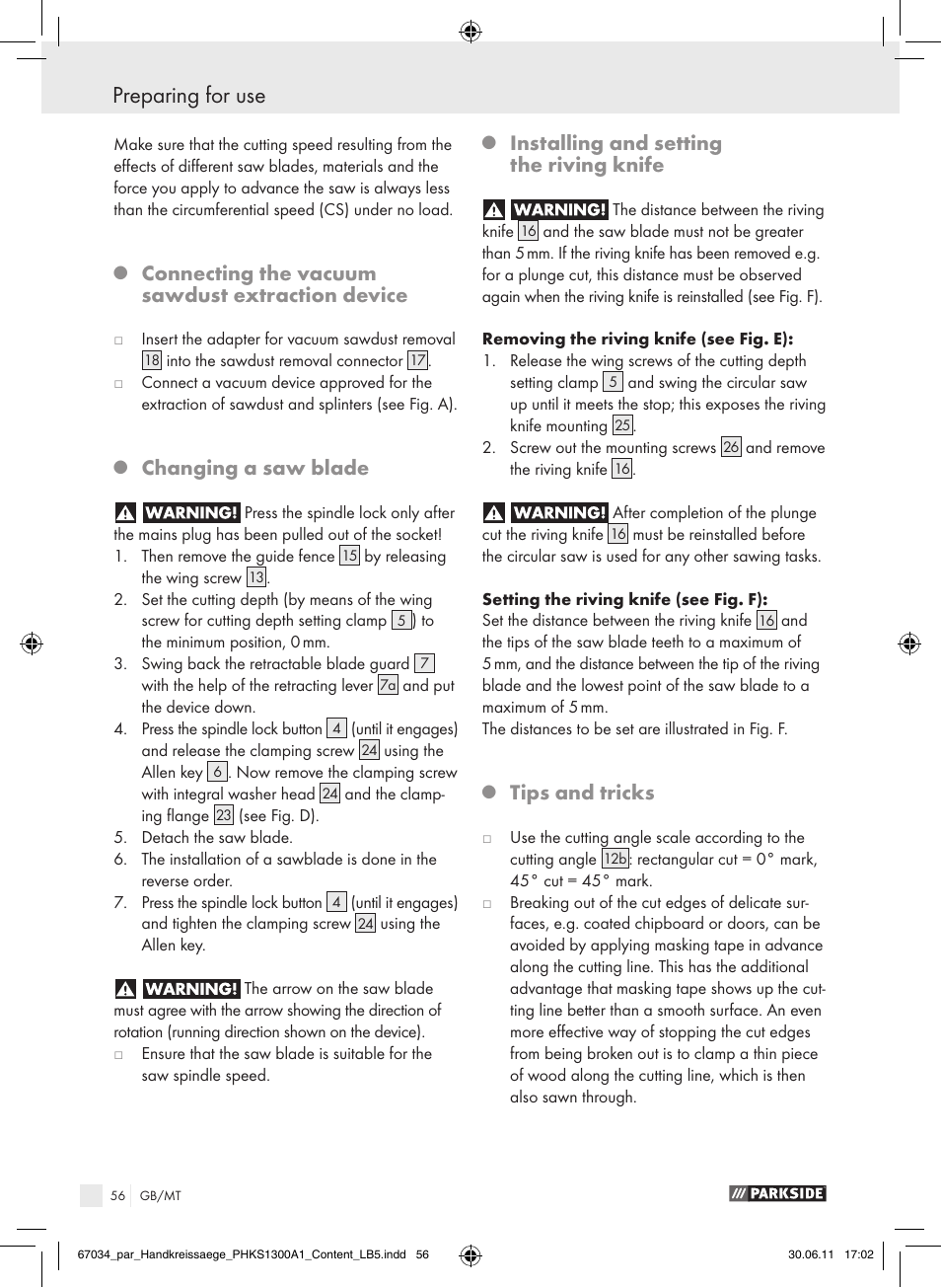 Preparing for use, Connecting the vacuum sawdust extraction device, Changing a saw blade | Installing and setting the riving knife, Tips and tricks | Parkside PHKS 1300 A1 User Manual | Page 58 / 75