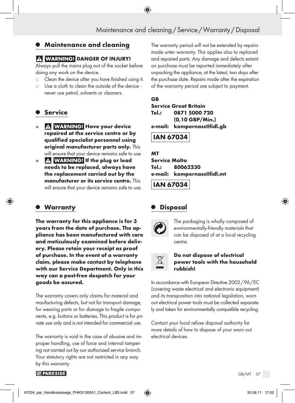 Maintenance and cleaning, Service, Warranty | Disposal | Parkside PHKS 1300 A1 User Manual | Page 59 / 75