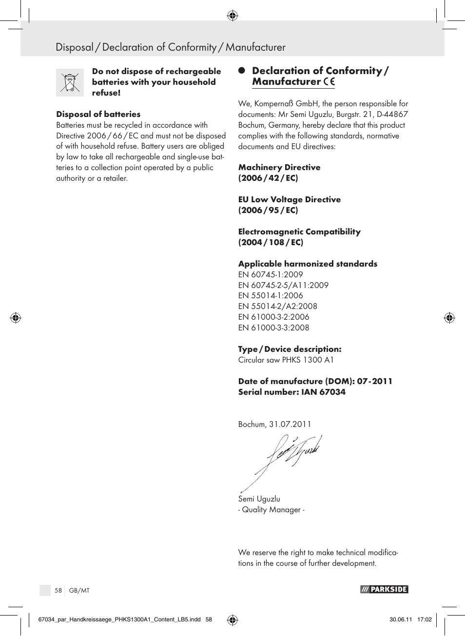 Declaration of conformity / manufacturer | Parkside PHKS 1300 A1 User Manual | Page 60 / 75
