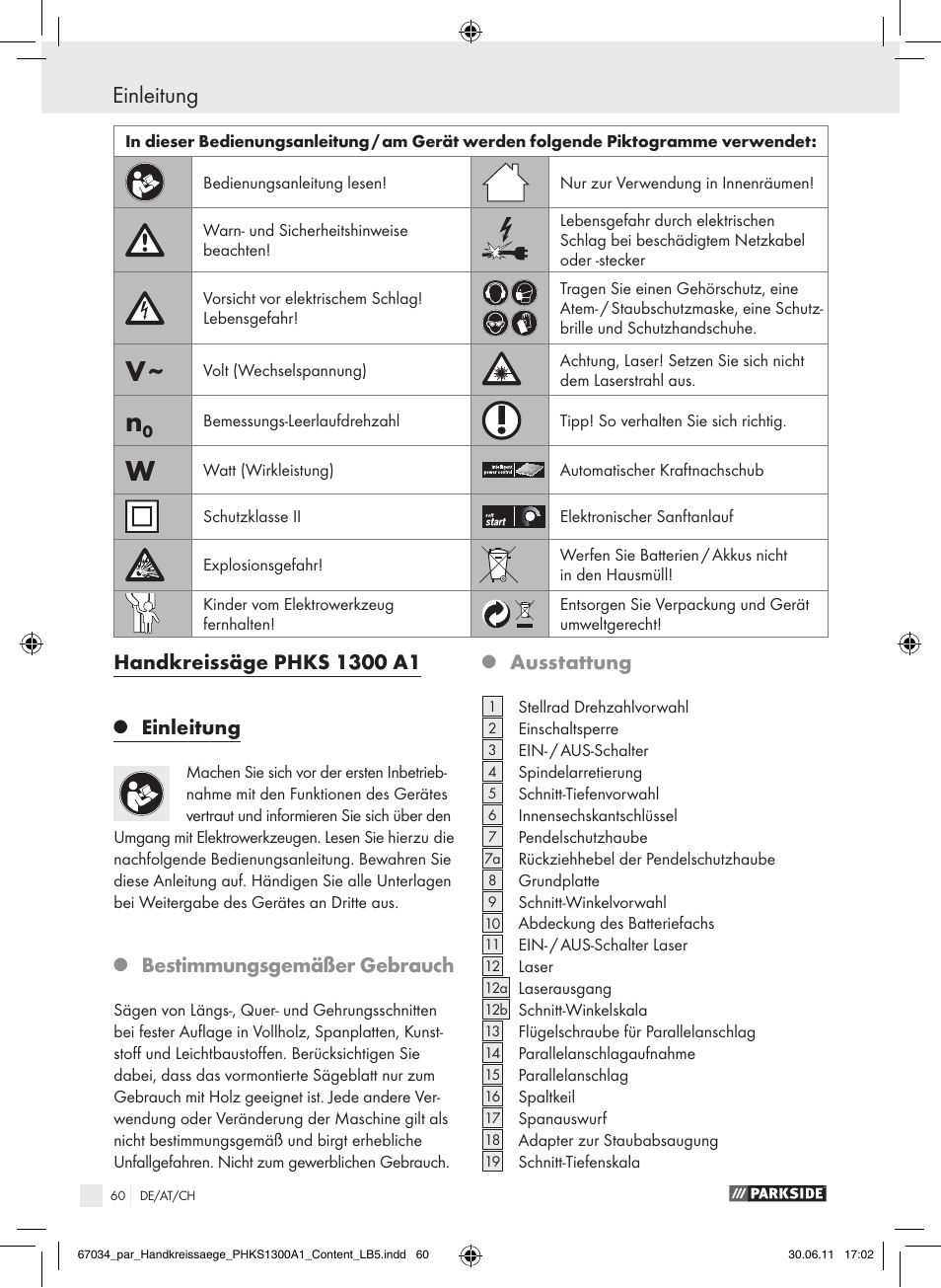 Einleitung, Bestimmungsgemäßer gebrauch, Ausstattung | Parkside PHKS 1300 A1 User Manual | Page 62 / 75