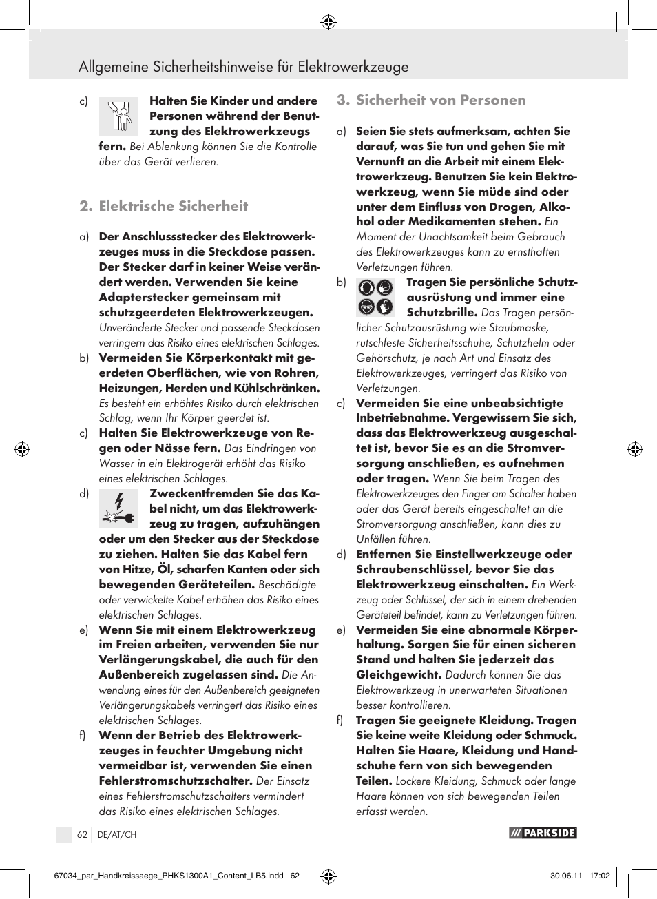 Elektrische sicherheit, Sicherheit von personen | Parkside PHKS 1300 A1 User Manual | Page 64 / 75