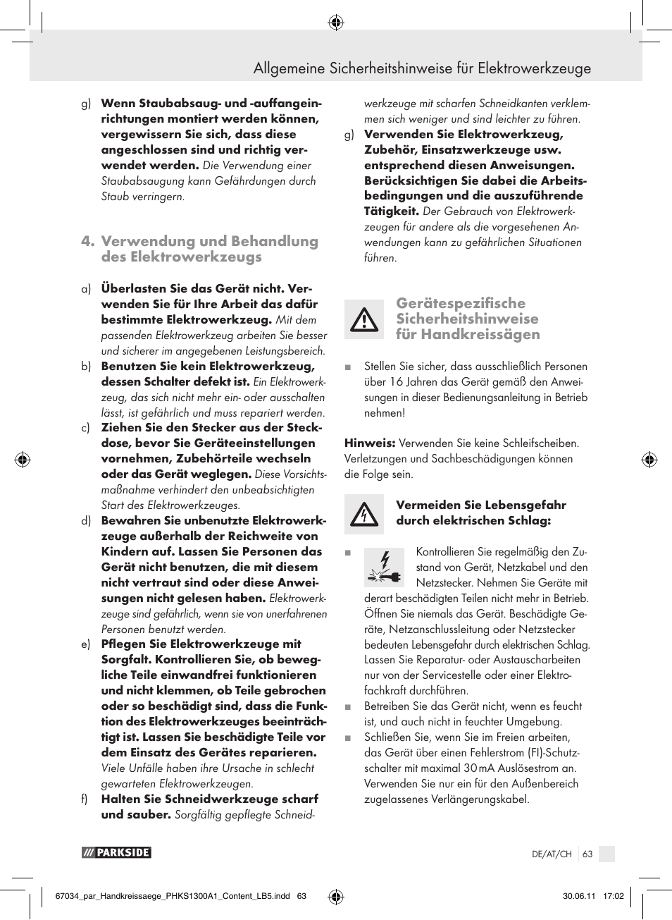 Verwendung und behandlung des elektrowerkzeugs | Parkside PHKS 1300 A1 User Manual | Page 65 / 75