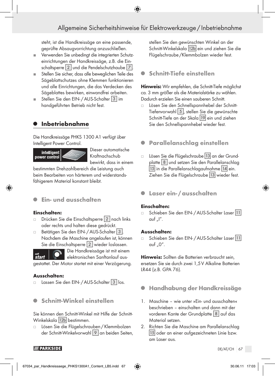 Inbetriebnahme, Ein- und ausschalten, Schnitt-winkel einstellen | Schnitt-tiefe einstellen, Parallelanschlag einstellen, Laser ein- / ausschalten, Handhabung der handkreissäge | Parkside PHKS 1300 A1 User Manual | Page 69 / 75