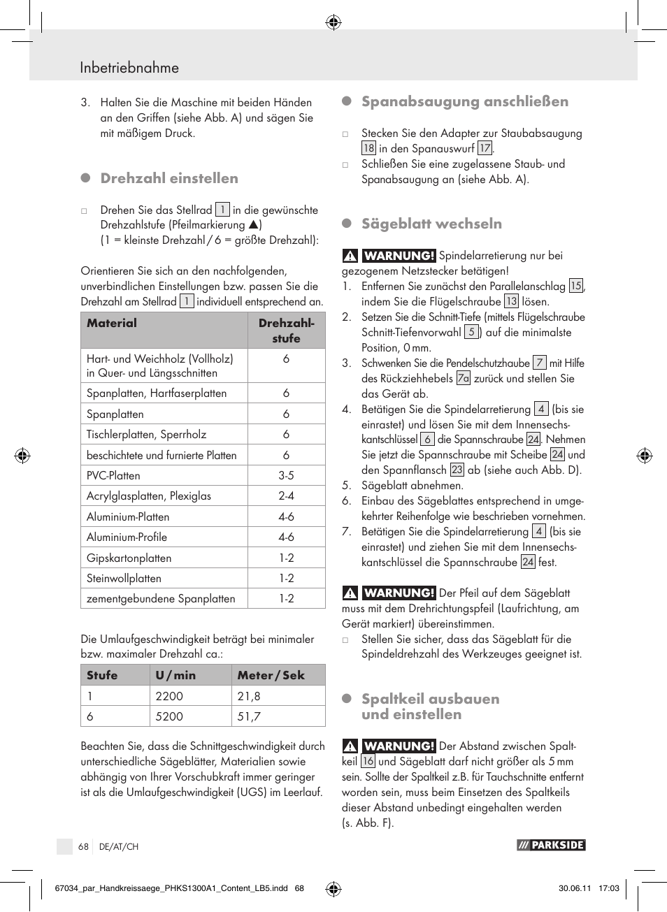 Inbetriebnahme, Drehzahl einstellen, Spanabsaugung anschließen | Sägeblatt wechseln, Spaltkeil ausbauen und einstellen | Parkside PHKS 1300 A1 User Manual | Page 70 / 75