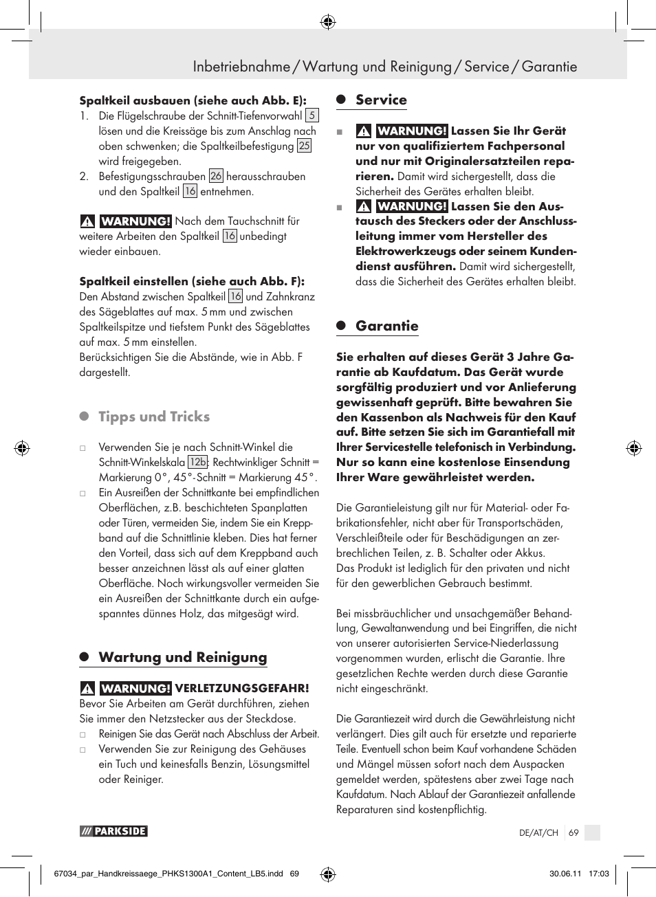 Tipps und tricks, Wartung und reinigung, Service | Garantie | Parkside PHKS 1300 A1 User Manual | Page 71 / 75