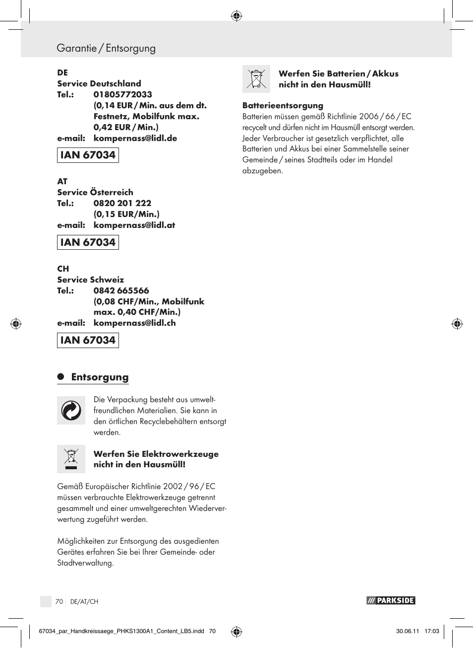 Garantie / entsorgung, Entsorgung | Parkside PHKS 1300 A1 User Manual | Page 72 / 75