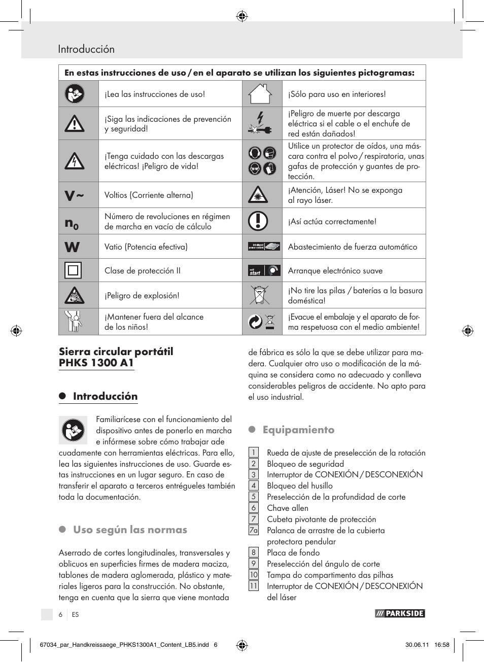 Introducción, Uso según las normas, Equipamiento | Parkside PHKS 1300 A1 User Manual | Page 8 / 75