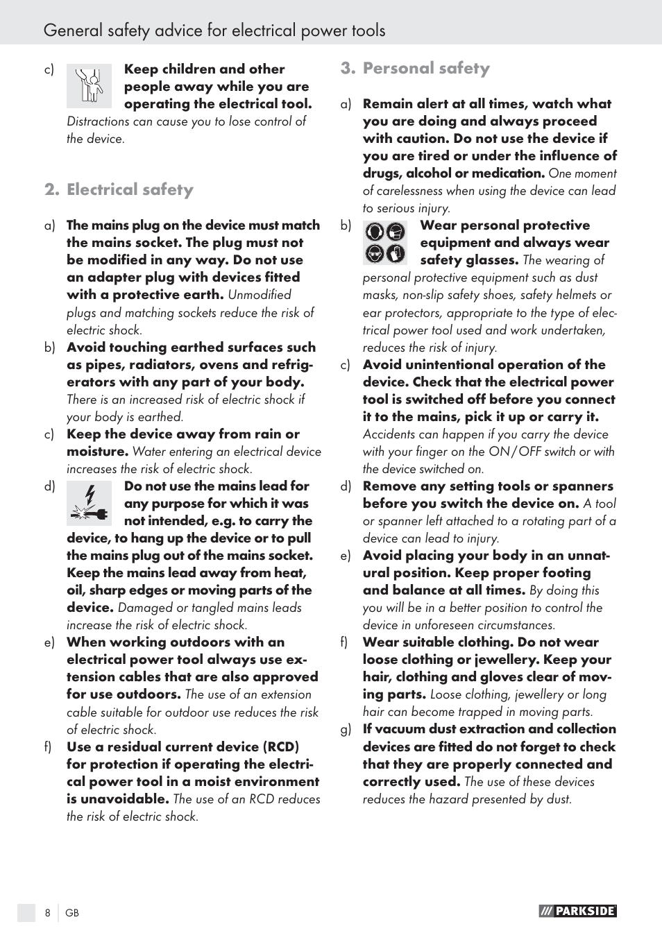 General safety advice for electrical power tools, Electrical safety, Personal safety | Parkside PHKS 1300 A1 User Manual | Page 10 / 97