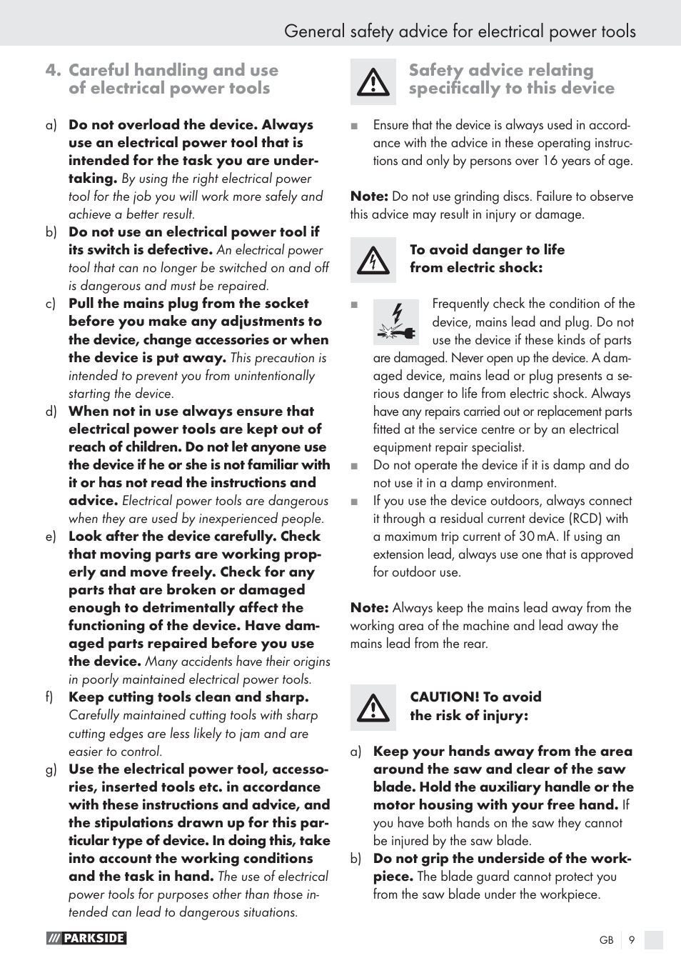 General safety advice for electrical power tools, Careful handling and use of electrical power tools, Safety advice relating speciﬁcally to this device | Parkside PHKS 1300 A1 User Manual | Page 11 / 97