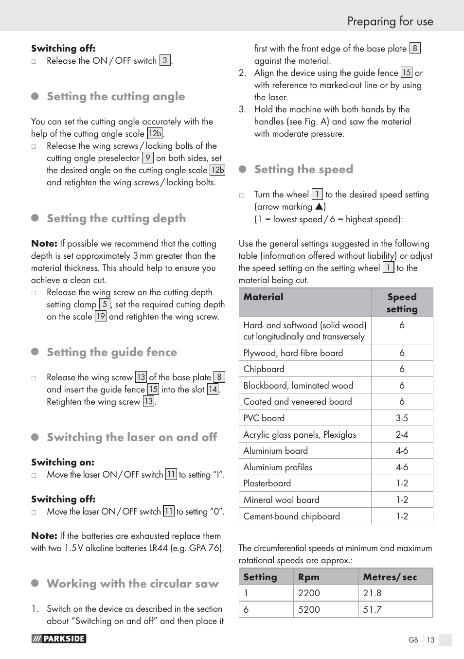 Preparing for use, Setting the cutting angle, Setting the cutting depth | Setting the guide fence, Switching the laser on and oﬀ, Working with the circular saw, Setting the speed | Parkside PHKS 1300 A1 User Manual | Page 15 / 97
