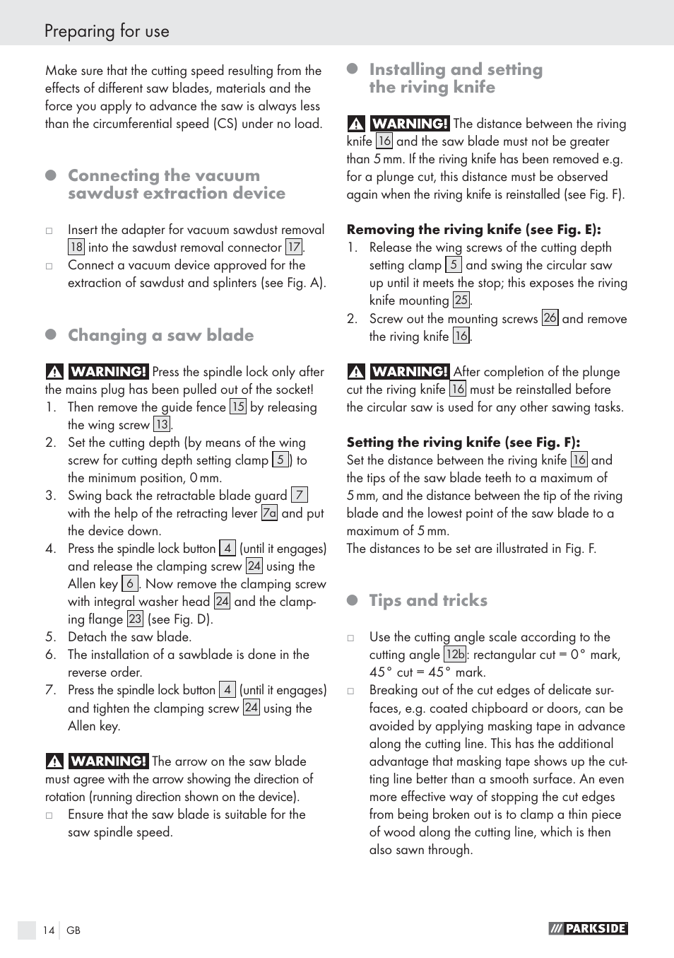 Preparing for use, Connecting the vacuum sawdust extraction device, Changing a saw blade | Installing and setting the riving knife, Tips and tricks | Parkside PHKS 1300 A1 User Manual | Page 16 / 97