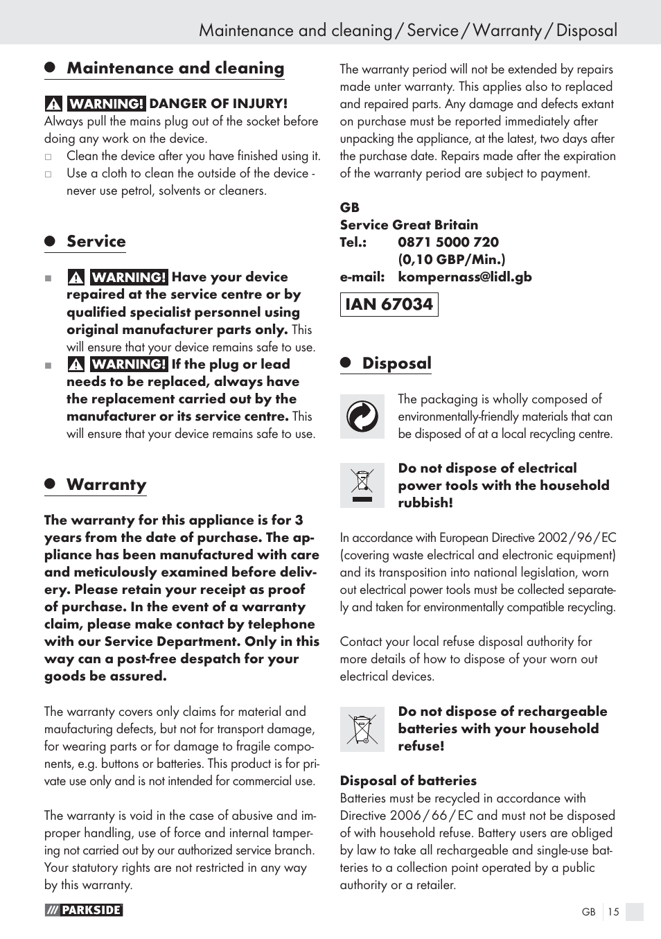 Maintenance and cleaning, Service, Warranty | Disposal | Parkside PHKS 1300 A1 User Manual | Page 17 / 97